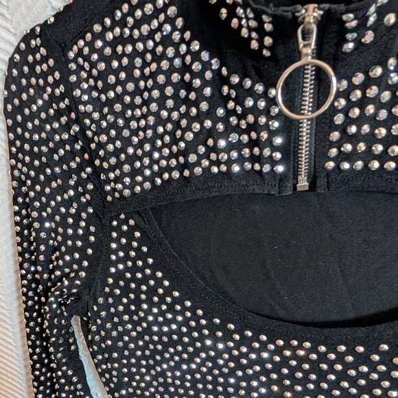 Banjul Black Rhinestone Beaded Long Sleeve Bedazzled Bodycon Midi Dress Medium - Picture 5 of 16